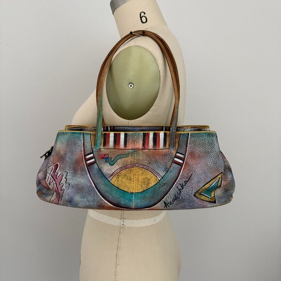 Anuschka Handpainted Leather Satchel Triple Compartment Aztec Shoulder Bag - Picture 1 of 8